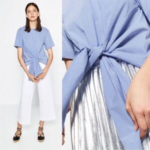 ZARA | NEW Blue & White Striped Poplin Tie Front Button Back Top Women’s Size XL